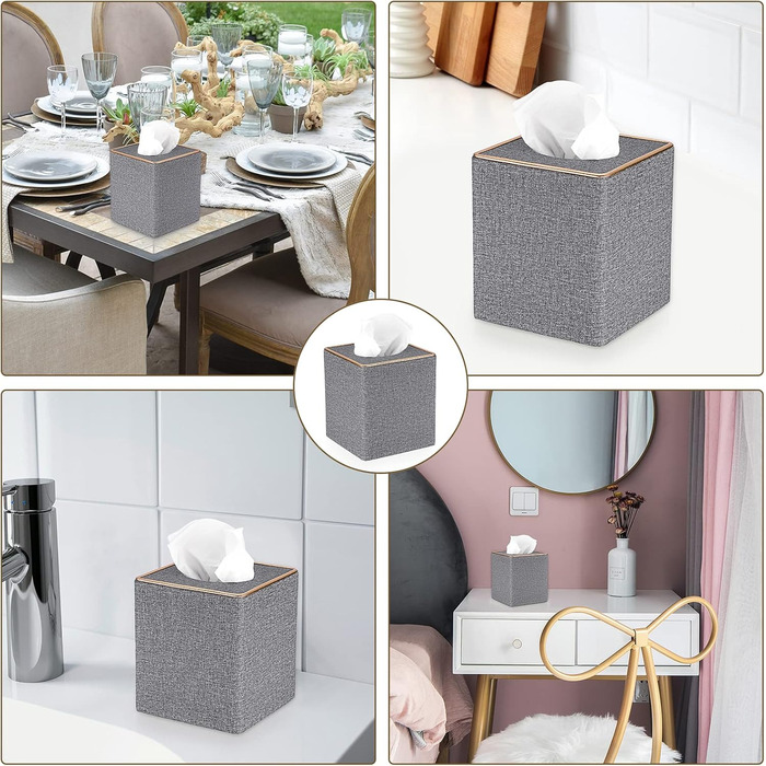 BTSKY Square Tissue Box Cover in Linen with Decorative Gold Line – Cube-Shaped Tissue Paper Holder, Tissue Storage, Organizer, Tissue Box Dispenser, Serviette Box, Gray