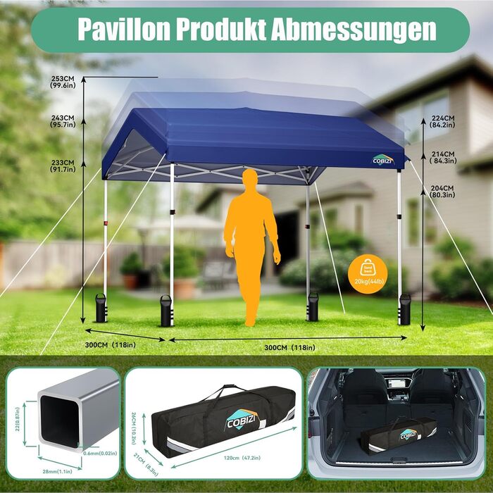 COBIZI Gazebo, Folding Gazebo, Waterproof and Stable, 275 cm Party Tent UV Protection 50+ Folding Gazebo with Waved Pattern for Camping, Beach, Family Gatherings (White) (Dark Blue, 3x3m with 1 Side Walls)