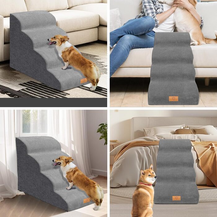 Сходинка для собак Masthome: 4 сходинки, губка, знімна та миюча оббивка, для ліжка/софи, антиковзка (сіра)