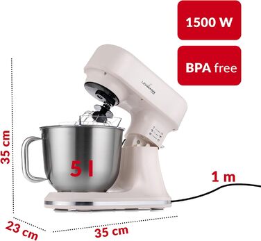 Кухонна машина Lehmann з дисплеєм, 1500 Вт, 12 швидкостей, функція ферментації з підігрівом, вбудовані ваги, таймер, чаша 5 л та 3 насадки-мішалки, Бежевий