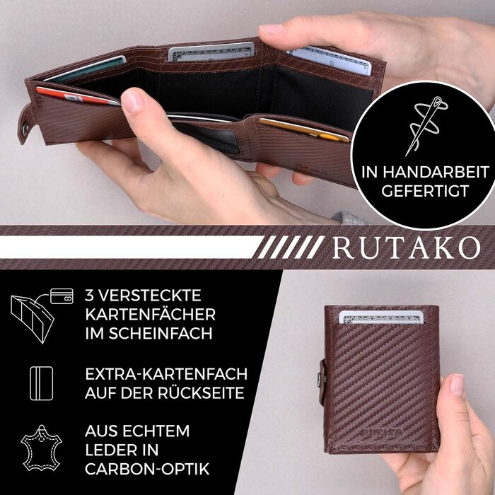 Слім-гаманець RUTAKO з RFID-захистом — компактний картхолдер для чоловіків та жінок, міні-портмоне з карбону (Коричневий карбон, без монетниці)