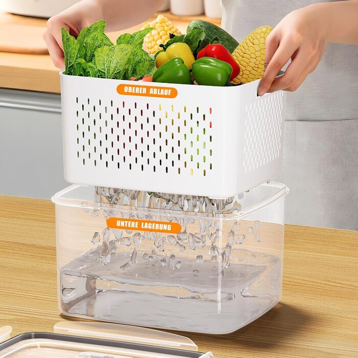 4-Pack Refrigerator Organizer – Vegetable Storage & Organization, stackable with strainer, lid and handle for the kitchen – Fridge Organizer for refrigerator storage