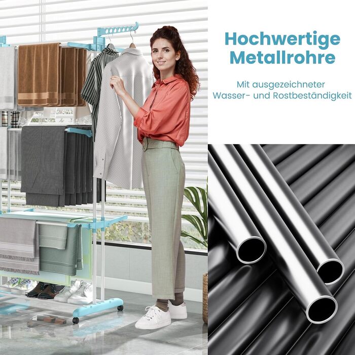 Сушарка для білизни GOPLUS 4-рівнева розкладна з 2 тримачами для вішалок, 3 висувними полицями, полицею для взуття та 4 колесами для використання в приміщенні та на вулиці (Блакитна)