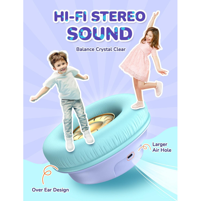 iClever Бездротові навушники для дітей з LED-підсвіткою, обмеження гучності 74/85дБ, 43 години роботи, стерео звук, Type-C, AUX-кабель, Bluetooth 5.3, для планшетів/подорожей (Чорний та фіолетовий)