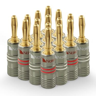Бананові роз'єми Nakamichi Ultimate Series для акустичних кабелів 12-18 AWG, берилієво-мідні з 24K золотим покриттям, 4 мм, для HiFi колонок та підсилювачів, 16 шт (8 пар)