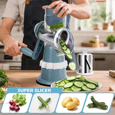 Ручна тертка для овочів 3-в-1 з нержавіючої сталі, терка для сиру з ручкою та 3 змінні леза, терка для салатів, горіхів, фруктів, піци. Колір: зелений