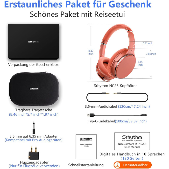 Бездротові навушники-вкладки Srhythm NC25 з активним шумозаглушенням (ANC), Bluetooth, HiFi звук, глибокий бас, NFC, вбудований мікрофон, складані (Кораловий помаранчевий)