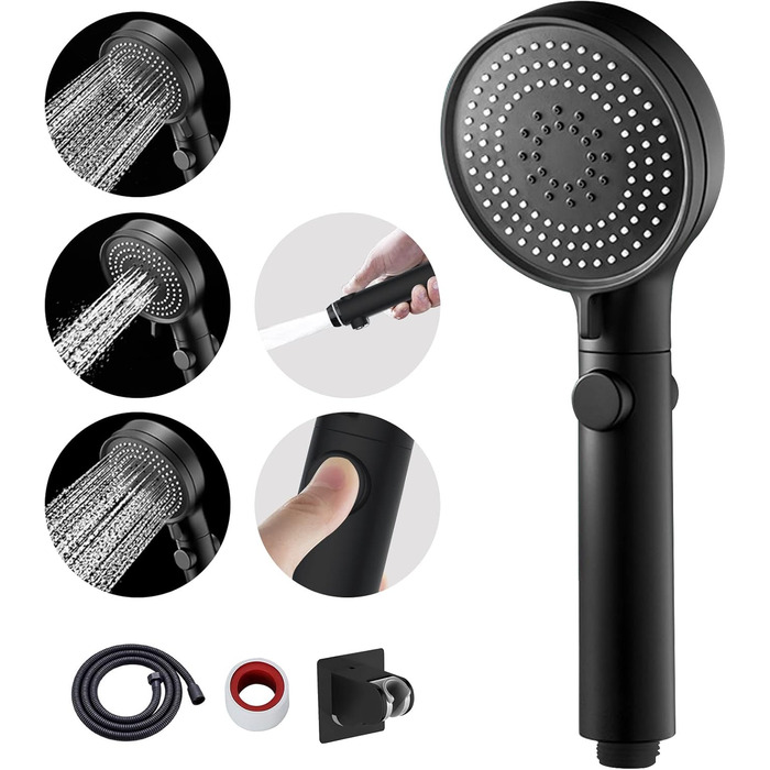 MIAOHUI Black Shower Head Water Pressure Booster, Handheld Shower with 3 Spray Patterns, Water-Saving High-Pressure Shower Head with Water Stop Function, Shower with Hose and Teflon Tape