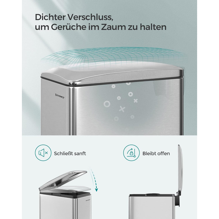 Степле́р SONGMICS для кухні, 48 літрів, вузький, з м'яким закриттям, з відром, з нержавіючої сталі, 15 мішків у комплекті, сріблястий