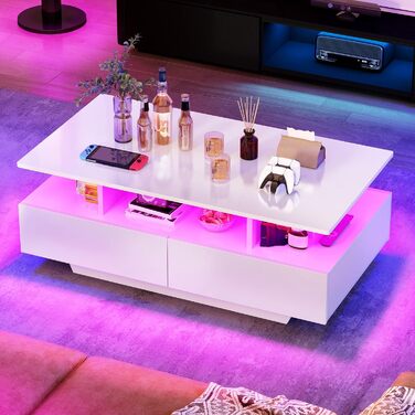 Журнальний стіл YITAHOME білий, глянець, з LED-підсвіткою 16 кольорів, сучасний стіл для вітальні з відкритою полицею і 4 висувними шухлядами, 90x55x41,1 см