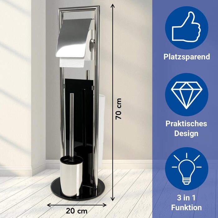 Набір для туалету WENKO Ravina 3в1 з нержавіючої сталі (тримач туалетного паперу, щітка, тримач щітки), 20 x 70 см, сріблястий/чорний