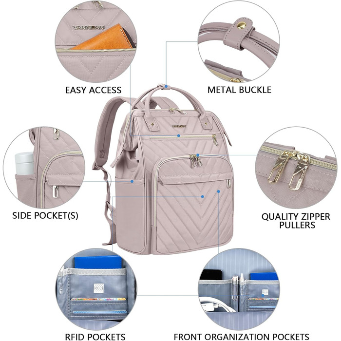 Рюкзак для ноутбука Vankean для жінок, 15.6-16.2 дюйми, з USB-портом, водонепроникний, для роботи/школи/подорожей, квітковий дизайн (світло-рожевий)