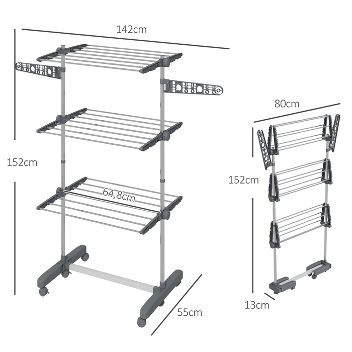 HOMCOM Clothes Dryer Tower Clothes Rack with Wheels, 3 Levels, Foldable Standing Dryer with Side Wings, Clothes Tower, Steel, Grey | Aosom