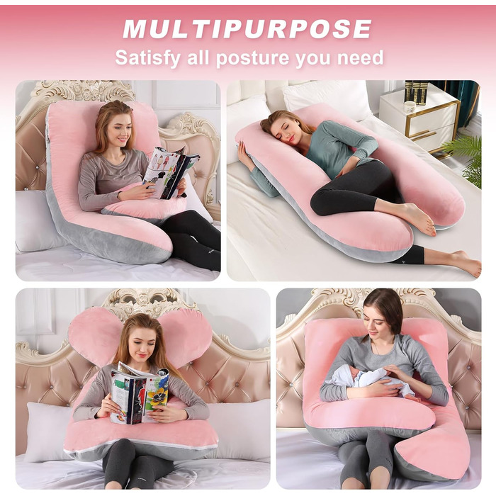 Подушка для вагітних Aevcvok U-подібної форми, подушка для годування, підтримуюча подушка, 140x70 см (Рожевий & Сірий, велюр)