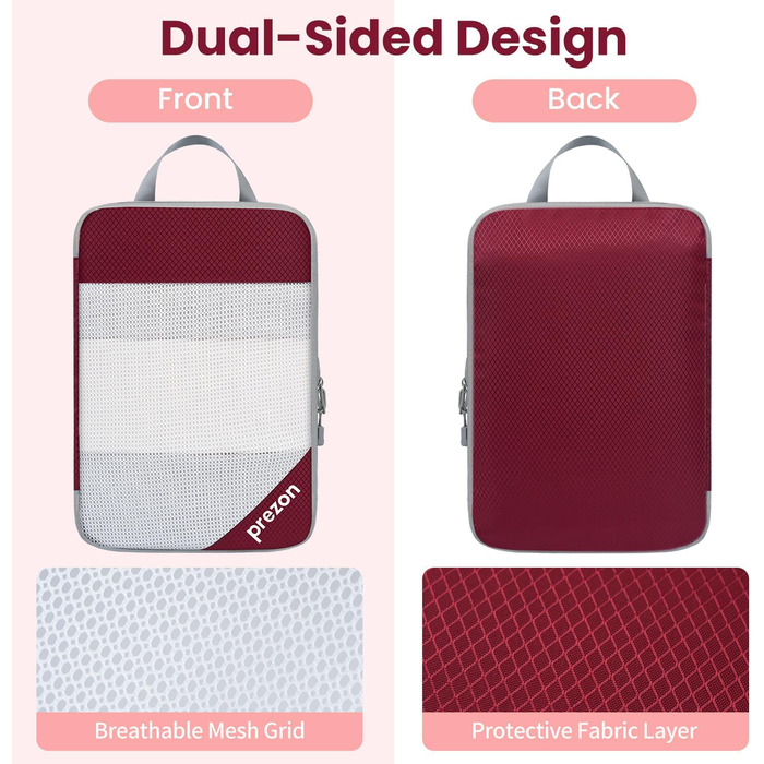 Набір компресійних органайзерів для валізи 6 шт., прозорі, бордовий - економія місця, міцний матеріал