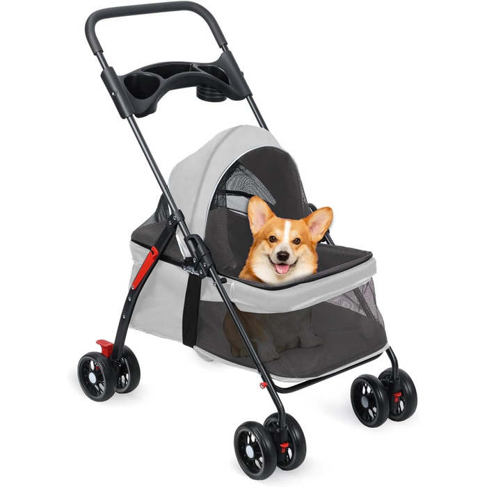 Foldable Pet Stroller for Small Dogs & Cats - 360° Swivel Wheels, Double Locking, Adjustable Canopy, Grey Mesh