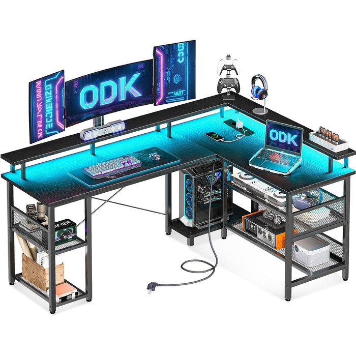 Ігровий стіл ODK з LED-підсвіткою, кутовий, з 2 розетками та 2 USB-портами, великий чорний письмовий стіл 168×120 см з сітчастою полицею