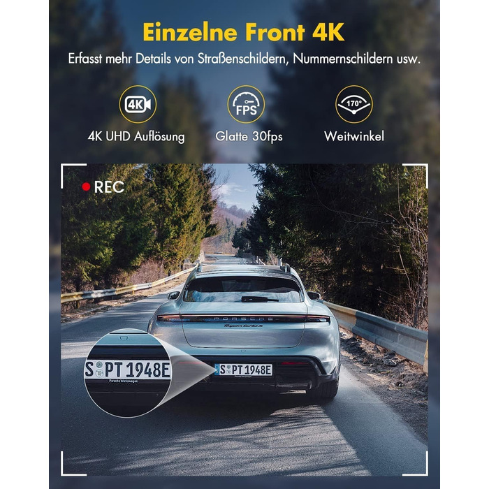 Відеореєстратор GKU Dashcam Auto: 4K+1080P, WiFi 2.4/5GHz, SD 64GB, Паркувальний режим, Нічне бачення, WDR, 170° Кут огляду, G-сенсор, Циклічна запис, Керування через APP, Чорний