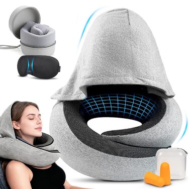 Подушка для шиї в літак/автомобіль/потяг: регульована подушка з Memory Foam, капюшоном, маскою для сну та чохлом. Підтримка голови та шиї для комфортної подорожі.