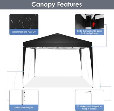 COBIZI Gazebo 3x3m Waterproof, Stable, Winter-Proof, Foldable Pop-up Gazebo Party Tent Garden Gazebo for Beach Wedding, with 4 Side Panels, UV Protection 50+, Adjustable Height, Black