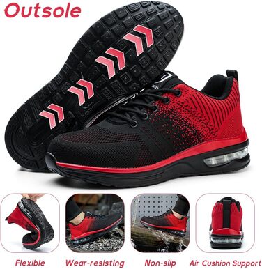 Легкі робочі черевики для чоловіків та жінок. Безпечні, антиковзкі, спортивного стилю, зі сталевим підноском. Дихаючі робочі черевики (40 EU, Червоний)