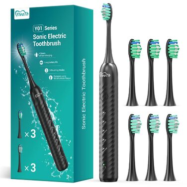 Електрична зубна щітка для дорослих з 6 насадками, перезаряджувана звукова щітка, чорна (1 шт.)
