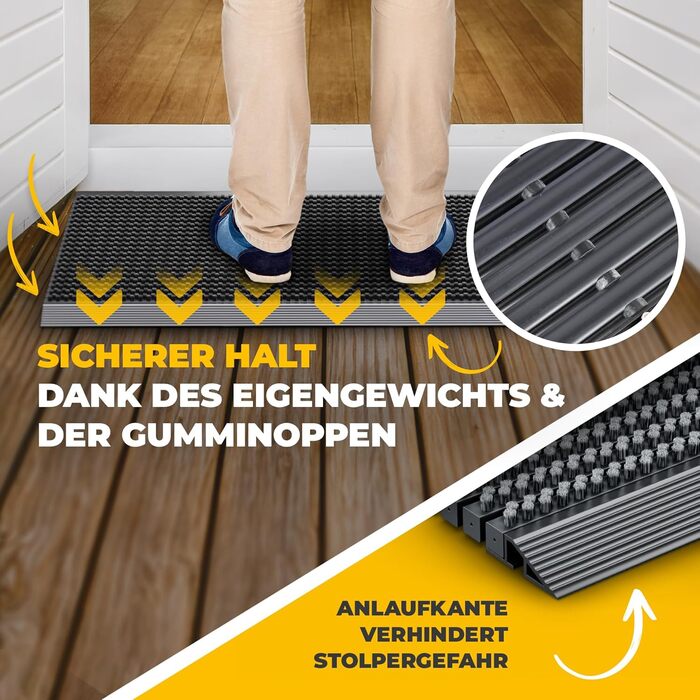Килимок для порогу Entrando 40x60 см - алюміній, антиковзкий, для дому та тераси. Знімне брудозахисне покриття, чорний колір.