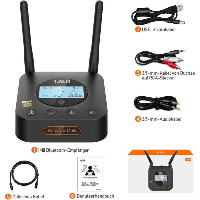 1Mii Bluetooth 5.1 Аудіо Адаптер з Низькою Затримкою aptX, 3D Surround для Підсилювача, Лаунспікерів, Оптичний/Коаксіальний/RCA AUX (B06Pro+ Medium)