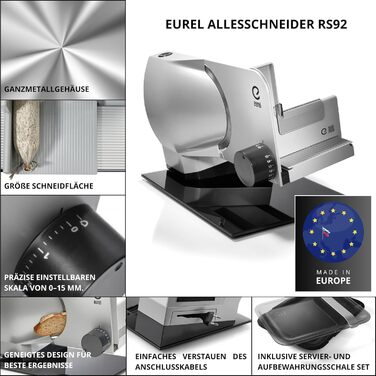 EUREL RS92 Electric Food Processor - Stainless Steel Blade, Adjustable 0-15mm, Glass Plate, 100W Silver - Made in EU