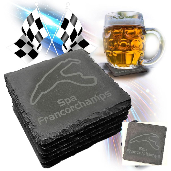 Nürburgring Coasters for Drinks, 6-Piece Set - Slate Coasters, for Home and Dining Room, Decoration, Racing Fans (Spa Francorchamps)