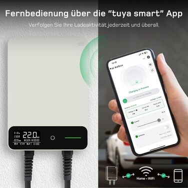Wallbox 11 кВт з APP, кабель Type 2 7.5м з тримачем, 3-фазний зарядний пристрій для електромобілів (6-16A, 400V), BEV/PHEV, RCD Type A 30mA AC + 6mA DC, IP54, чорний. CEE 22кВт, 10м білий.