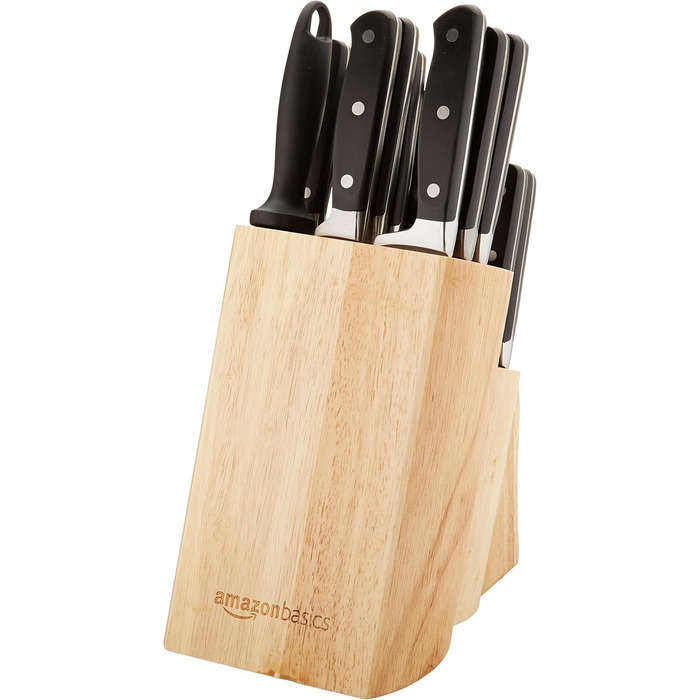 Amazon Basics Premium Knife Block Set, 9-Piece, Black - Includes 18 Knives