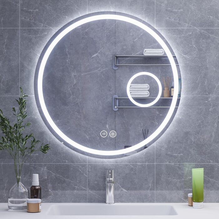 Дзеркало для ванної кімнати HySail з підсвічуванням, 5 мм високоякісне срібне скло, 3 колірні температури та регульована яскравість, настінне дзеркало з сенсорним вимикачем та антизапарюючим покриттям, кругле, 70 x 70 см