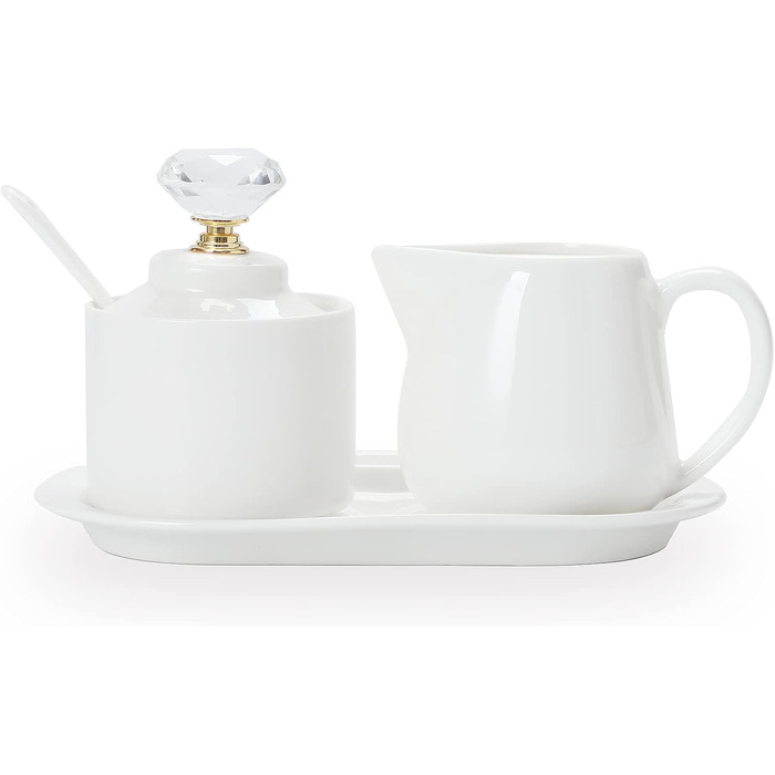 4-piece porcelain sugar and milk jugs with tray and crystal lid (gold-colored)