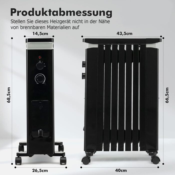 Масляний радіатор COSTWAY 1500W з 7 ребрами, 5-35°C, 3 режими нагріву, термостат, вологозбірник, на колесах (Чорний)