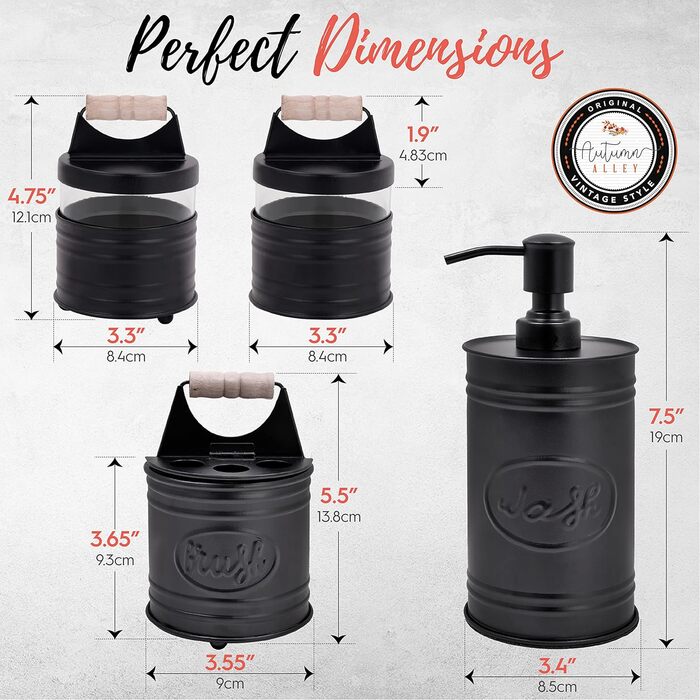 Autumn Alley Rustic Bathroom Accessories Set of 4 – Black Soap Dispenser, Rustic Toothbrush Holder, 2 Apothecary Jars Qtip Holders – Rustic Bathroom Decor – Farmhouse Bathroom Accessories