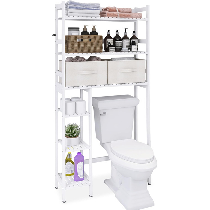 SMIBUY Over The Toilet Storage, 6-Tier Bamboo Bathroom Shelf with Drawers, Freestanding Over the Toilet Organizer Rack, Ample Storage, Space Saver for Small Spaces (Natural) (White)