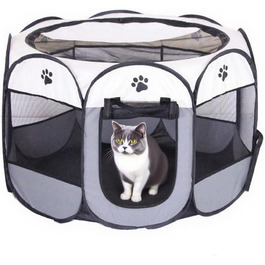 Клітка-забіг для цуценят 74x74x43 см – складана клітка для собак та котів, клітка для кроликів та інших дрібних тварин – безпечний забіг для дому та вулиці сірого кольору + лапа собаки