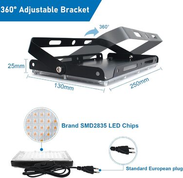 LED Floodlight 100W, Plug-in LED Floodlight, 2 Pieces 10000 Lumen LED Floodlight 3000K Warm White Outdoor Floodlight with IP65 Waterproof for Bright Garden Garage Sports Field (1 Piece)