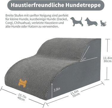 Non-slip dog stairs for small dogs, 2-step, pet stairs for bed and sofa made of high-density sponge, dog stairs/ramp with removable, washable cover and non-slip bottom, 55x40x30cm