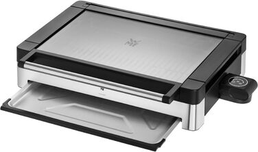 WMF Lono Electric Table Grill with Glass Lid - Non-Stick Coated Plate, Removable Drip Tray, Dishwasher Safe, Matte Stainless Steel, 2200W Single