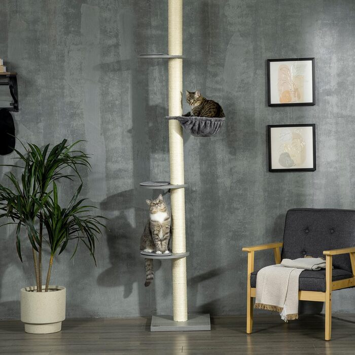 Дім-кігтеточка PawHut для котів, 230-250 см, з гамаком, регульована висота, захист від перекидання, плюш, сірий+кремовий