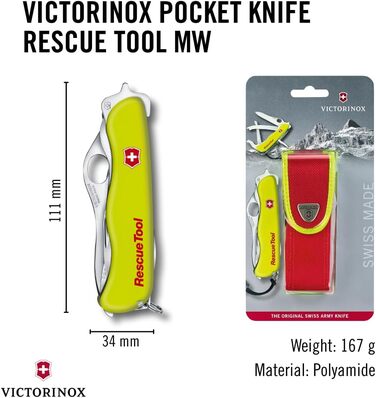 Мультитул Victorinox Rescue Tool MW - пожежний мультиінструмент, 13 функцій, лезо з хвилястим лезом, жовтий, світиться в темряві