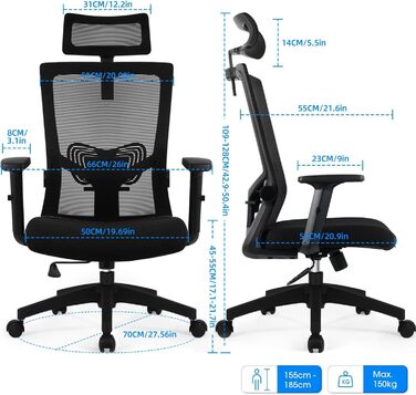 Ергономічне офісне крісло Daccormax з регульованою підтримкою голови та попереку, сітчасте, до 150 кг, темно-сіре