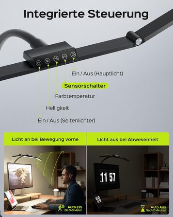 LED лампа настільна Jackyled з 3 регульованими головками, диммер, пульт, для монітора, офісу, майстерні, 5 рівнів яскравості та кольорових температур