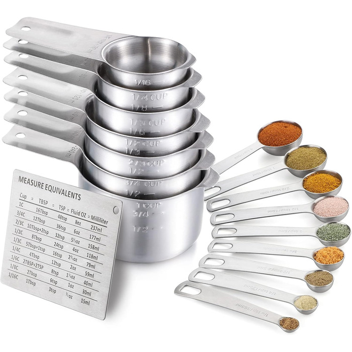 Measuring Cup, AGUMINY Measuring Cup and Spoon Set, Stainless Steel, 7 Measuring Cups and 9 Measuring Spoons for Kitchen Measuring Tools