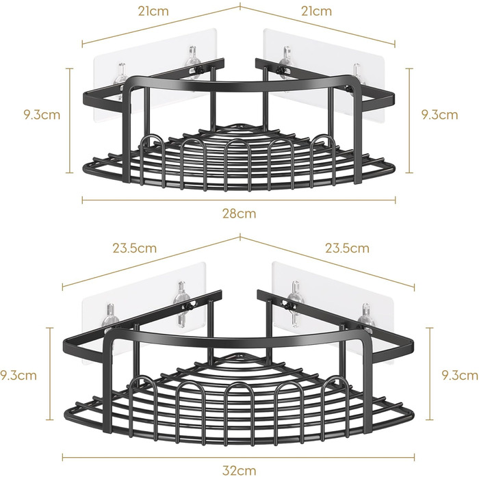 ACMETOP Shower Shelf No Drilling 2-Pack, SUS304 Stainless Steel Bathroom Organizer Corner Shelf, Bathroom Shelf with 10 Hooks and 6 Adhesives, Shower Shelf, Shower Basket for Bathroom Kitchen (Black)