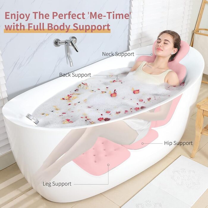 Full Body Bathtub Pillow with 160 Suction Cups - Head & Neck Support Bath Mat with Laundry Bag (Dark Gray & Light Pink, 130x41cm / 51.2' x 16.2')