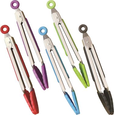 Lecoku Mini Kitchen Tongs Set of 5, small stainless steel tongs with silicone tips, 17.8 cm, serving tongs, cooking tongs for salad, roasting, and grilling
