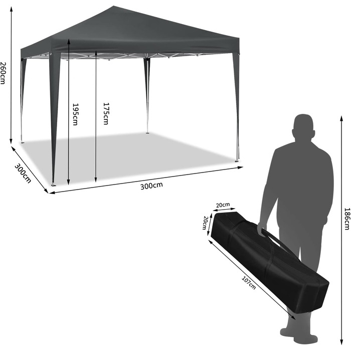 WOLTU Pop-Up Pavilion, Waterproof Folding Pavilion, Sun Shelter, Event Pavilion, Garden Pavilion for Terrace, Camping, Festival, Pagoda Tent, 3 x 3 m, with Oxford Fabric and Metal Frame, PVL0002be (Anthracite)